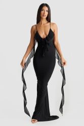 Black Open-Back Maxi Dress with Thin Straps and Ruffle Detail