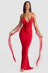Red Open-Back Maxi Dress with Thin Straps and Ruffle Detail