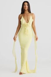 Yellow Open-Back Maxi Dress with Thin Straps and Ruffle Detail