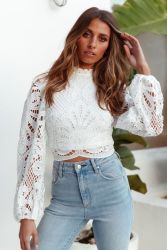 White Embroidered Cropped Blouse with Long Sleeves