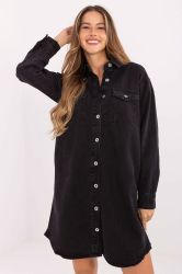Women’s Long Sleeve Denim Dress - 100% Cotton, Black, Casual Style