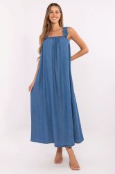 Summer Denim Maxi Light Blue Dress with Ruffled Wide Straps and Back Tie