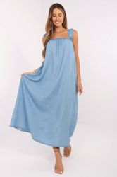 Summer Denim Maxi Light Blue Dress with Ruffled Wide Straps and Back Tie