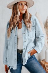Women’s Light Blue Denim Jacket with Frayed Hem
