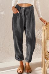Gray Corduroy High Waist Straight Leg Pants, 100% Cotton