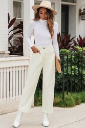 Light Beige Corduroy High Waist Straight Leg Pants, 100% Cotton
