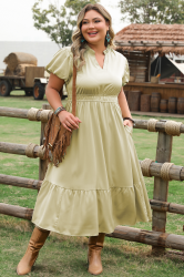 Green Dress with V-Neckline, Puff Sleeves, and Flowy Tiered Skirt