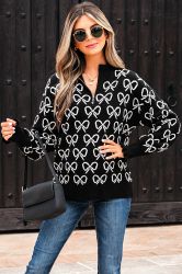 Women’s Black Sweater with Bow Pattern and Zipped Collar