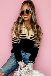 Women’s Black and Beige Colorblock Striped V-Neck Collared Sweater