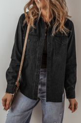 Women’s Black Denim Jacket with Pockets and Button Closure