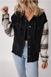 Women’s Black Hooded Denim Jacket with Plaid Sleeves