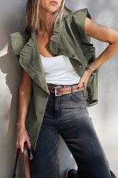 Women’s Green Ruffled Denim Jacket Vest