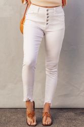 Women’s White High-Waist Button Front Frayed Hem Cropped Jeans