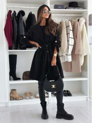 Women’s Black Coat with Waist Tie