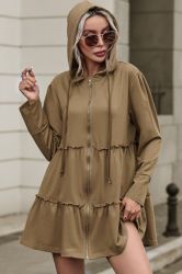 Women's Brown Hooded Jacket with Zipper and Tiered Ruffles