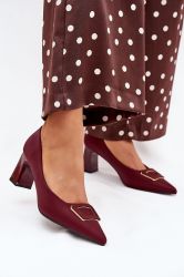 Women’s Burgundy Elegant Block Heel Shoes with Decorative Buckle