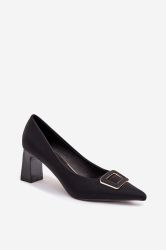 Women’s Black Elegant Block Heel Shoes with Decorative Buckle
