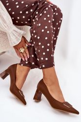 Women’s Brown Elegant Block Heel Shoes with Decorative Buckle