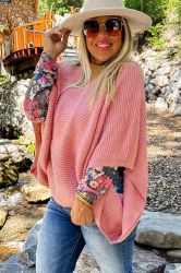 Women's Pink Ribbed Knit Poncho Sweater