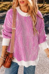 Women's Bright Pink Striped Loose Knit Sweater with Contrast Edges
