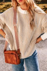 Women's Chestnut Striped Loose Knit Sweater with Contrast Edges