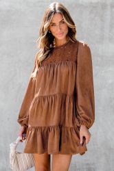 Women's Chestnut Brown Mini Dress with Floral Embroidery and Tiered Ruffles