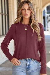 Women's Wine Red Long Sleeve Top with Exposed Seams