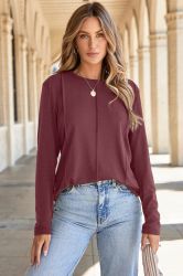 Women's Light Grey Long Sleeve Top with Exposed Seams