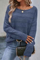 Women’s Blue Knitted Sweater with Openwork Stripes and Loose Fit