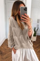 Women’s Beige Women’s Sweater with Hollow Knit and 7/8 Sleeves