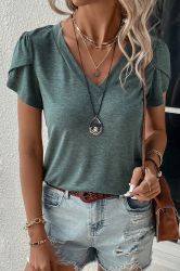 Women’s Mist Green V-Neck T-Shirt with Petal Sleeves