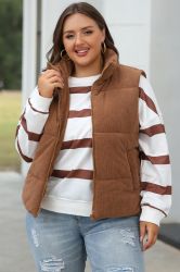 Women’s Brown Corduroy Puffer Vest with Zipper