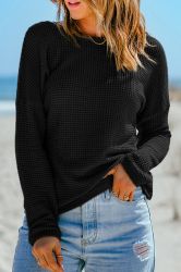 Women’s Black Waffle Knit Long Sleeve Top