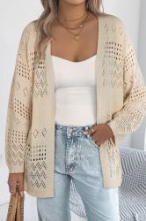 Women’s Beige Knitted Cardigan with Openwork Pattern