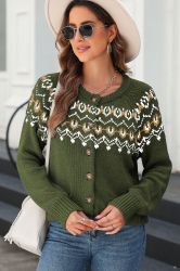 Women’s Green Cardigan with Ethnic Pattern and Buttons