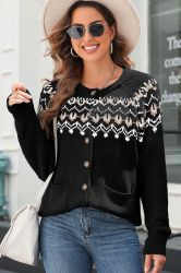 Women’s Black Cardigan with Ethnic Pattern and Buttons