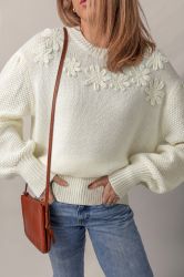 Women’s White Crochet Knit Sweater with Loose Fit