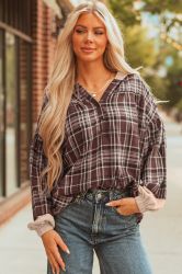 Women’s Brown Plaid Long Sleeve Blouse with Hood