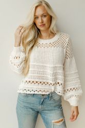 Women’s White Open Knit Sweater with Long Sleeves