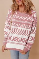 Women's Abstract Print Sweater in Pink and White