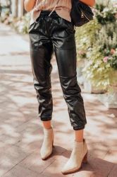 Women’s Black Faux Leather Jogger Pants with Elastic Waist and Drawstring