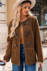 Women's Brown Teddy Coat with Decorative Toggles