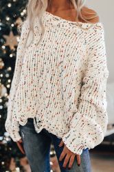 Women’s White Colorful Confetti Distressed Knit Sweater