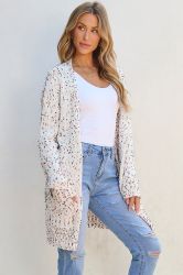 Women’s Long White Cardigan with Colorful Yarn Details