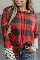 Women's Plaid Hoodie with Striped Hood and Sleeves