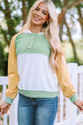 Women’s Color Block Hoodie with Buttons in Green, White and Yellow