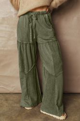 Women’s Green Wide-Leg Pants with Drawstring and Pockets