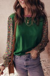 Women’s Green Sweater with Puff Sleeves and Shirred Cuffs