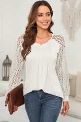 Women's White Blouse with Lace Sleeves and Pleated Front