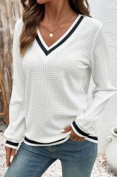 Women's White V-Neck Blouse with Black Trim